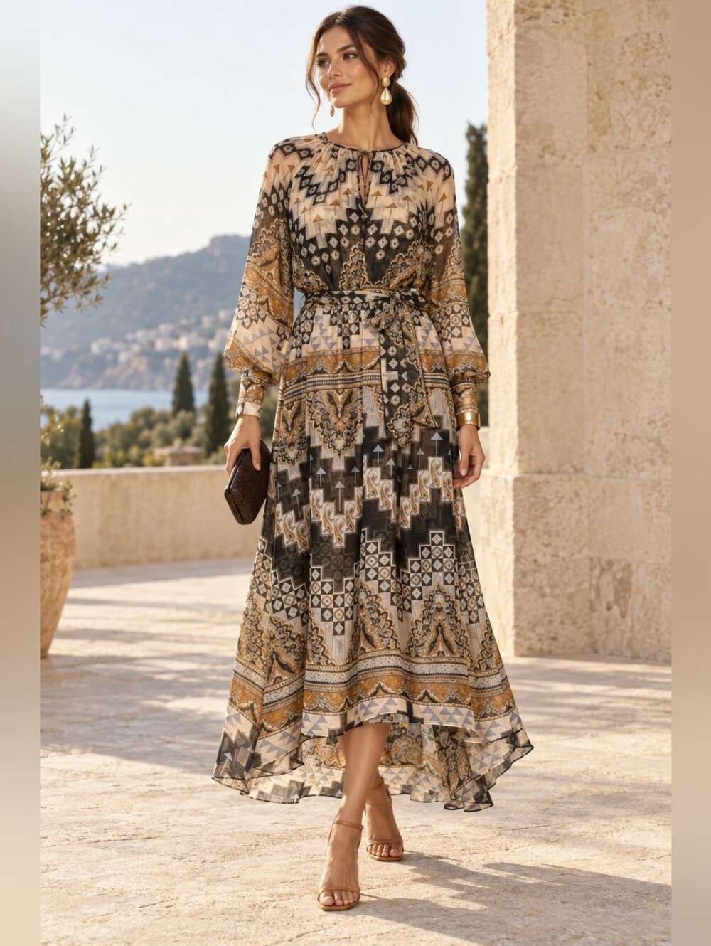 Misa Los Angeles Boho Southwestern Chiffon Belted Maxi Dress Mosaic Print NEW XS